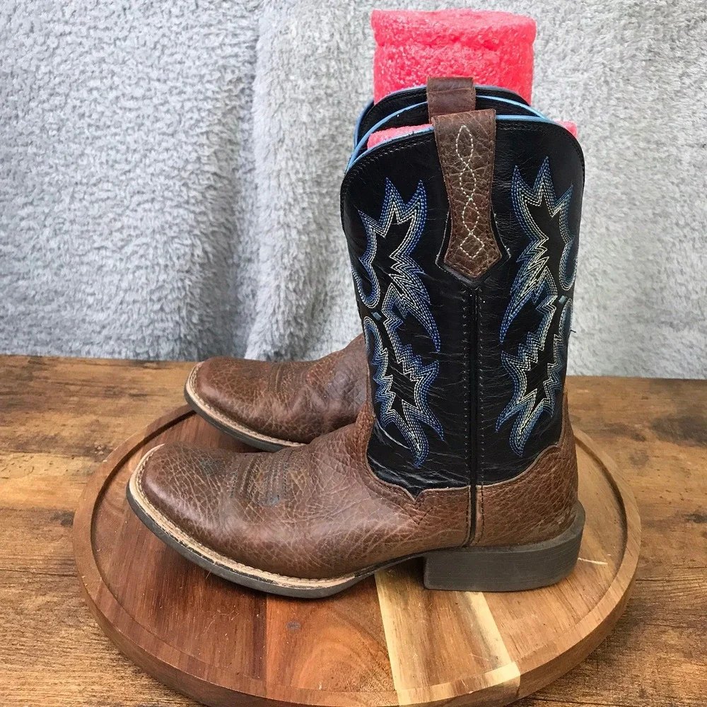 Ariat Tombstone Western Boots Kids 3 Brown Black Blue Stitched Square Toe Cowboy